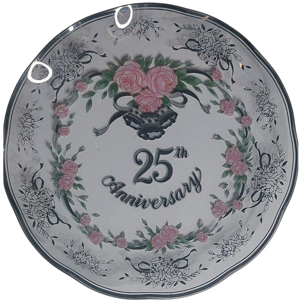 Lefton 25th Anniversary Glass Plate Pink Roses Silver Bells Vintage 1989‎ 9.5in